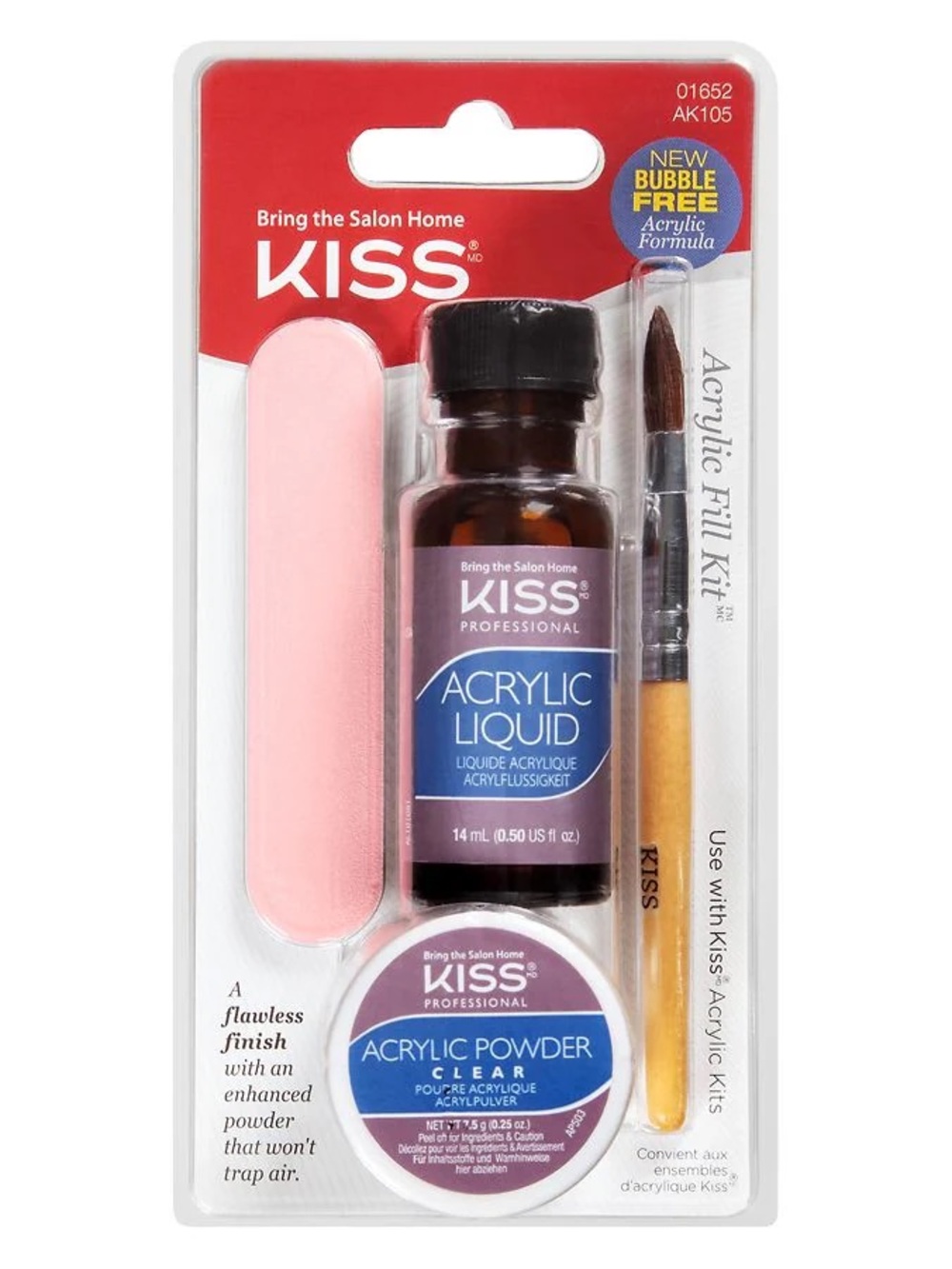 KISS Acrylic Fill Kit - Clear Acrylic Powder & Liquid (Pink File, Brush)